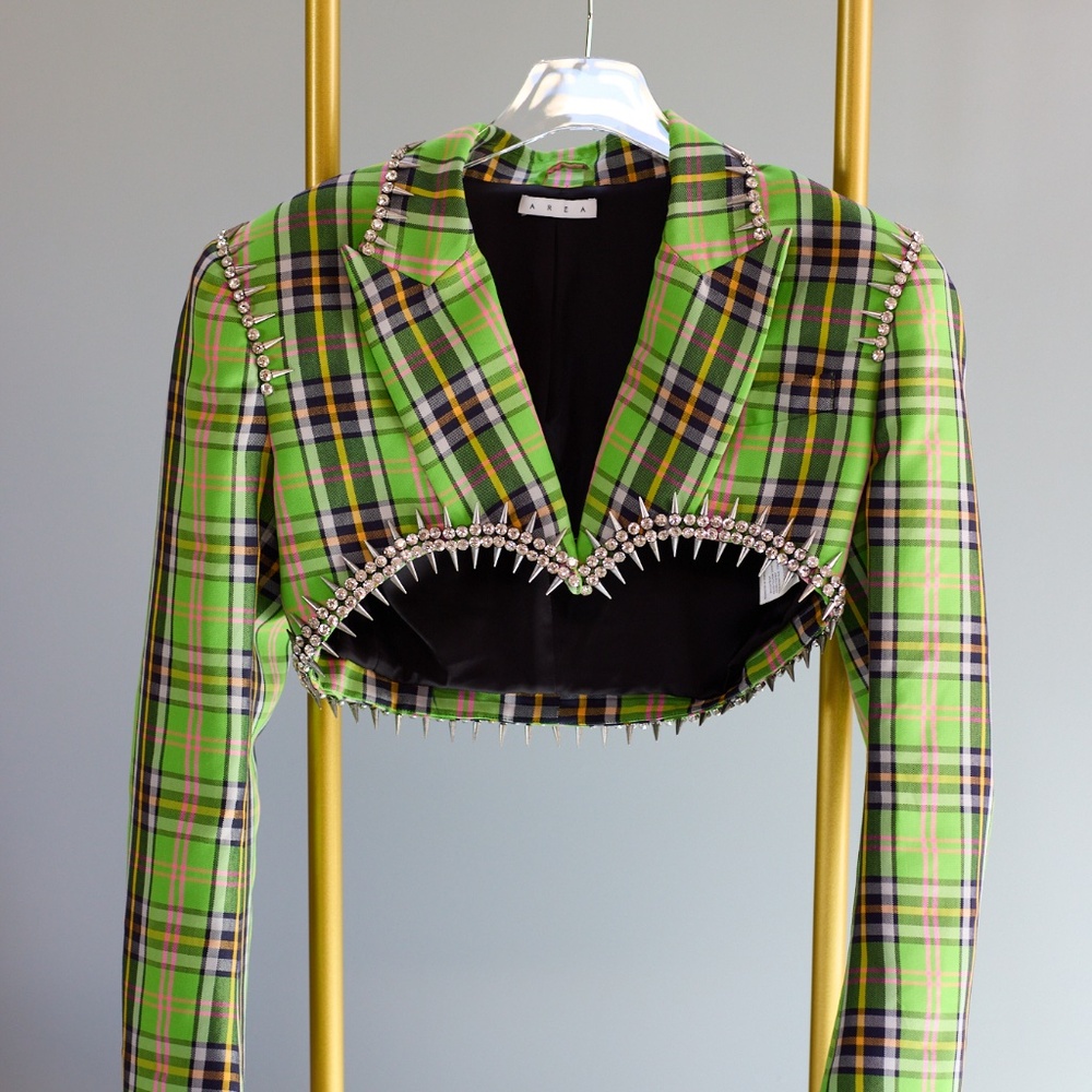 AREA Green and Black Cropped Blazer